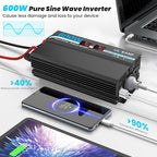 600W Power Inverter Pure Sine Wave Inverter 12V DC to 120V AC Converter for Car, Truck, Home, Vehicles, Laptop, Car Inverter 12V to 110V with 2 AC Outlets, 2 USB Ports, LCD Display