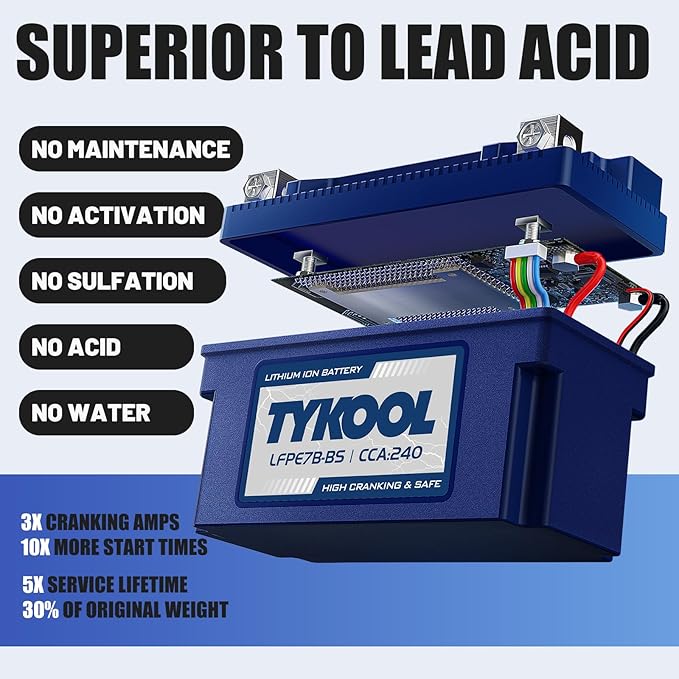 YT7B-BS 12V 4Ah 240CCA LiFePO4 Motorcycle Battery, Built in BMS, for Honda KTM Yamaha Harely, Lithium Ion Battery Fit Lawn Mower, Jet Ski, Motorboat，ATV, UTV, Scooter,Snowmobile