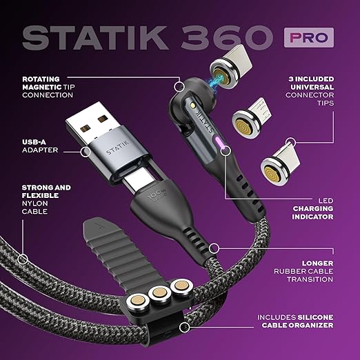 Statik 360 Pro Magnetic Charging Cable - Type C Charger Fast Charging 3 in 1 USB C to USB C Cable, Micro USB & iProduct Tips, USB A Adapter, Fits All Devices - 100W Fast Charger, Black 10FT, 3 Pack