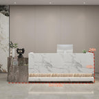 Front Desk Reception Counter - Lockable Storage & Keyboard Tray | Reception Desk with Counter, Customizable Large Counter Table (Grey+White, 104'')