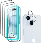 ESR 3+1 Pack for iPhone 15 Screen Protector, 3 Tempered-Glass Screen Protector and 1 Set Camera Lens Protector, 2.5D Curved Edges, Full-Coverage Military-Grade Protection, Scratch Resistant