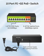 [Upgrade] POE Switch with 2 gigabit Uplink, 8 Ports 100Mbps PoE+ Switch, IEEE802.3af/at, 120W , Network Hub, Unmanaged, Suitable for IP Cameras, Home & Office. (8 Port poe Switch|gigabit uplink)