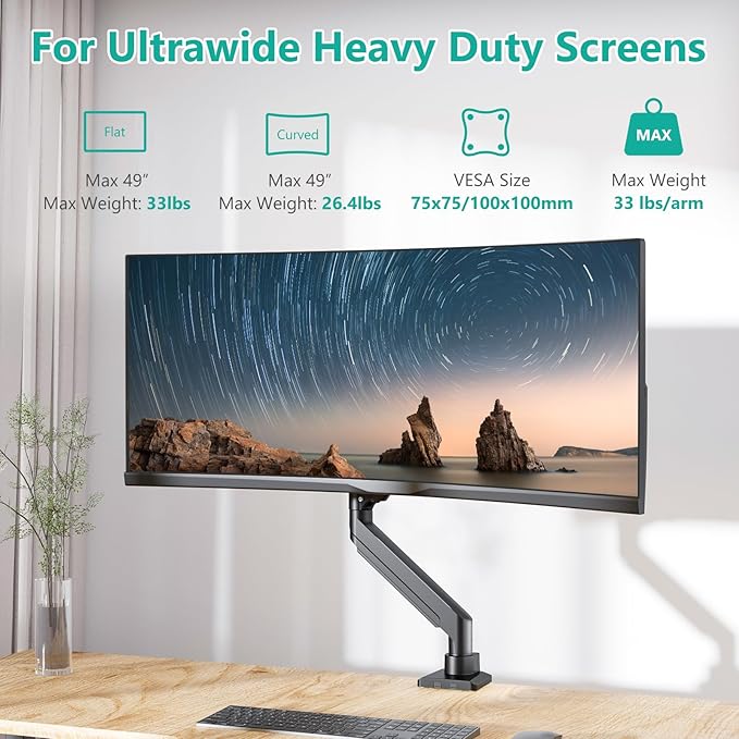 WALI Ultrawide Monitor Arm for 13 to 49 Inch Heavy Duty Curved Screens, Holds 33 Lbs, Adjustable Gas Spring Single Monitor Desk Mount with C-Clamp, Grommet Base, 75x75/100x100 VESA, (GSM001XL), Black