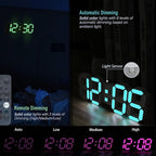 KOSUMOSU LED Wall Clock 15" RGB Digital LED Clock for Living Room Decor, Large Display Gaming Room Clocks, Dimming/12/24 Hr Time/Date/Temp/Remote (White Clock with Neon Light)