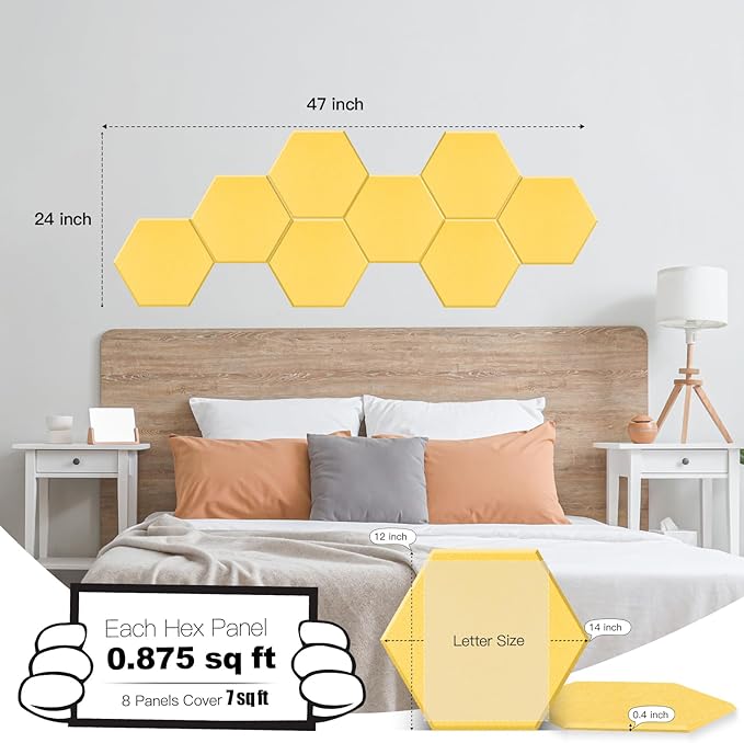 Mollywell Hexagon Acoustic Panels, High Density, Soundproofing, Decorative Noise Reduction Felt Wall Tiles for Ceilings, Home Office & Gaming Room (Yellow), 14x12x0.4 Inch