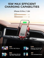 Wireless Car Charger, 15W Fast Charging Auto Clamping Car Charger Cell Phone Holder Mount Vent for iPhone 15 14 13 12 Mini Pro Max 11 XR, Samsung Galaxy S23 Ultra S22 S21+ Note 20, etc - Red