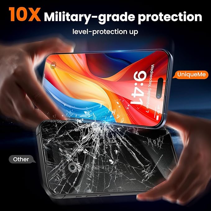 UniqueMe for iPhone 15 Pro Max Screen Protector, [Military Grade Shatterproof & 9H+ Hardness] Screen Protector 15 Pro Max Tempered Glass Full Coverage Protection, Easy Installation, 2 Packs