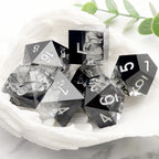 Haxtec Sharp Edge DND Dice Set Black Swirls Resin Dice with Dice Case D&D Dice for RPG Role Playing Games Compatible with Dungeons and Dragons Gifts