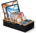 Pezin & Hulin Cord Organizer Box, Surge Protector Organizer, Device Charger Station for Phones & Tablets, Wood Charging Dock -with 6 Wire Cables, BUT NO Power Supply - Natural + Black