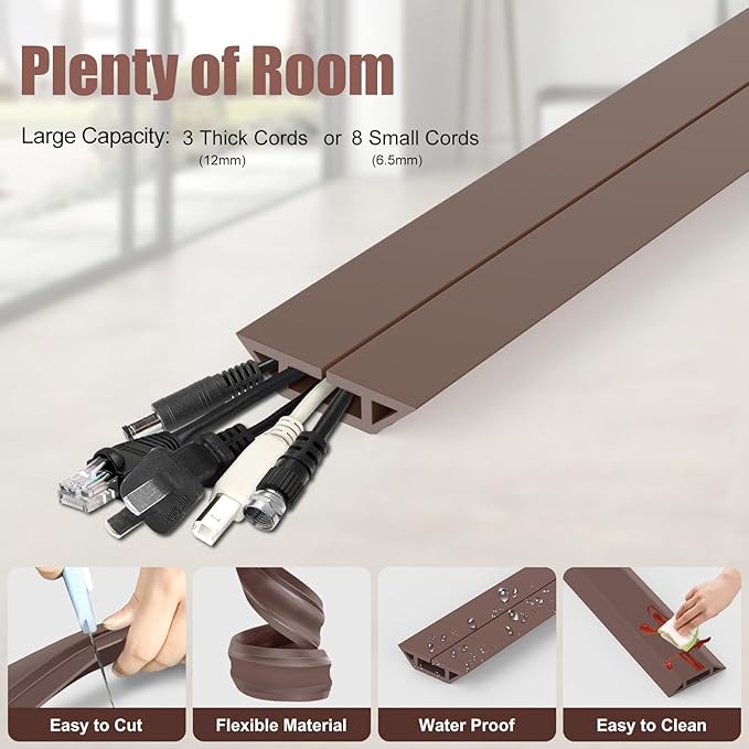 Eapele 4 ft Floor Cord Cover Heavy Duty Cable Protector, Cord Covers for Wires on Floor, Floor Cable Cover Easy to Unroll Prevent Trip Hazard for Home Office or Outdoor Settings (Brown)