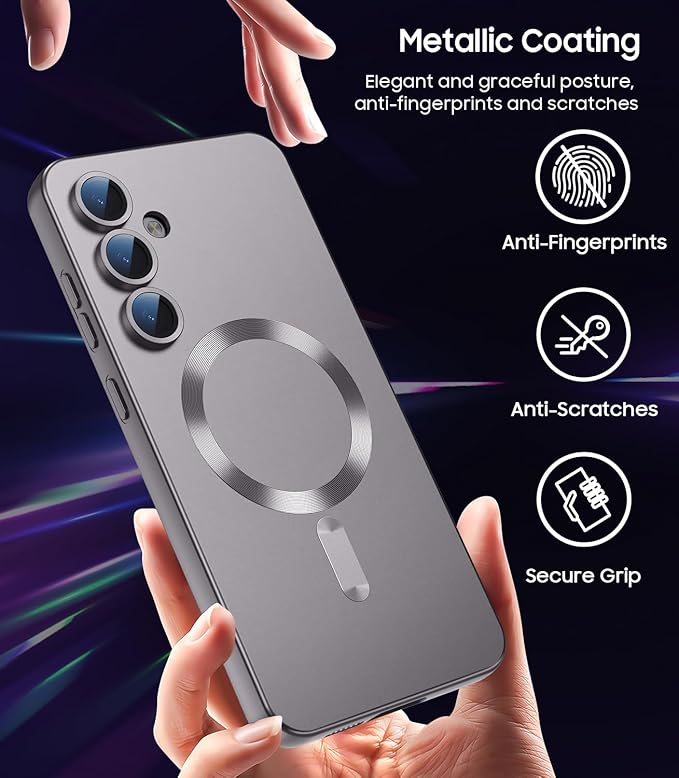 Magnetic for Samsung Galaxy S25 Plus Case [Compatible with MagSafe][Built-in Camera Lens Protector] Slim Soft Silicone Bumper Shockproof Metallic Luster Phone Case (Gray)