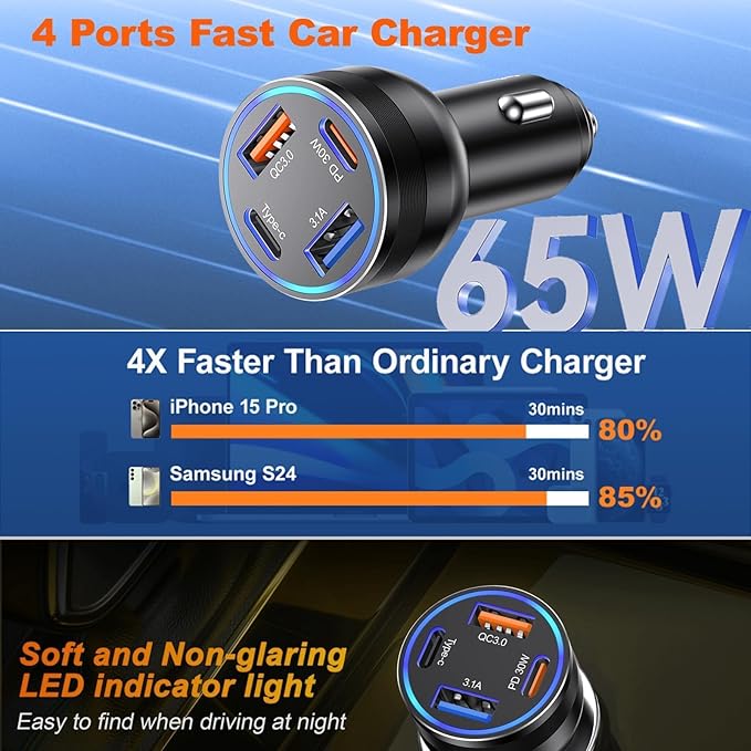 65W USB C Car Charger, 5 Pack 4-Port PD Super Fast Charging Type C Car Charger for Multiple Devices, Cigarette Lighter Adapter, USBC Phone Adapter for iPhone 16/16e/15 Pro Max,Samsung S25,iPad,Pixel