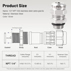 NPT 1/4" Stainless Steel Waterproof Cable Gland IP68 Waterproof Cable Gland Adjustable 4-8mm Cable Gland Protectors - 2 Pcs