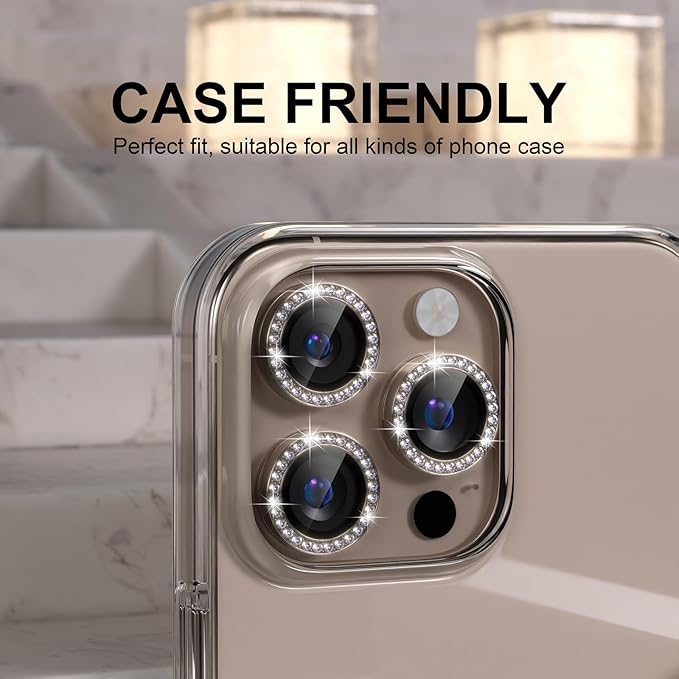 Choiche Compatible for iPhone 16 Pro/iPhone 16 Pro Max Camera Lens Protector Bling, 9H Tempered Glass Camera Cover Screen Protector Metal Ring Decoration Accessories (Diamond-Titanium Desert)