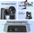 PTZ Camera HDMI/USB 10X Optical Zoom 60fps 1080P Video Conference Camera for Church Worship Live Streaming Meeting Online Learn with Zoom YouTube OBS and More