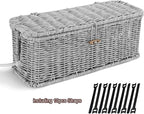 Cable Management Box, Woven Rattan Cord Hider With Lid & Button Lock, Floor Cord Holder for Power Strip USB Hub, Boho Desk Wicker Wires Storage Cable Organizer Box(grey)