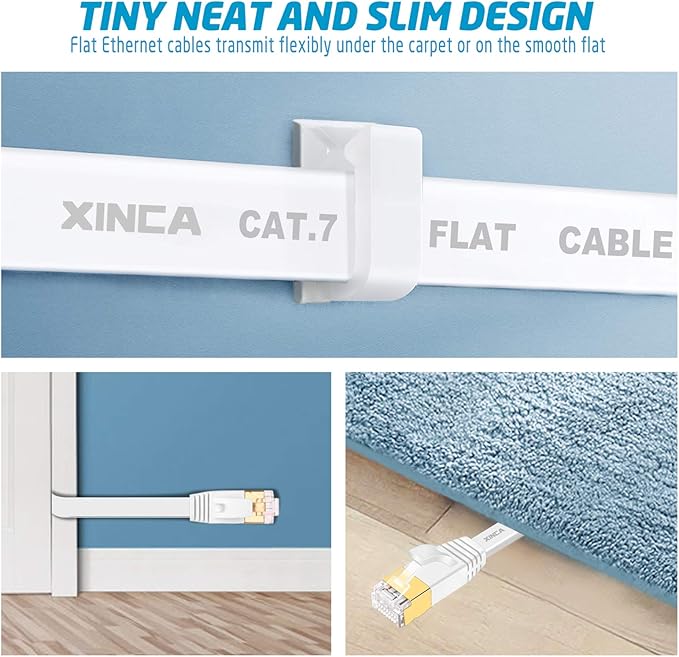 Cat 7 Flat Ethernet Cable 50ft White, High Speed 10GB Shielded (STP) LAN Internet Network Cable Ethernet Patch Computer Cable with Rj45 Connectors and 25pcs Adhesive Cable Clips