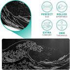 Japanese Gaming Mouse Pad Abstract Black Mouse Pad 31.5x11.8 Inch Black Sea Wave Texture Non-Slip Rubber Base Large Ocean Mousepad Stitched Edges Keyboard Mouse Mat Desk Pad for Office and Home
