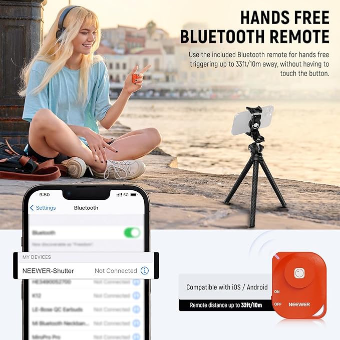 NEEWER Camera Tripod with Remote, Mini Flexible Vlog Phone Tripod Stand with Action Camera Mount Adapter, Hidden Phone Holder & Cold Shoe Compatible with iPhone Hero13 12 11 10 9, Max Load 4.4lb, TP34