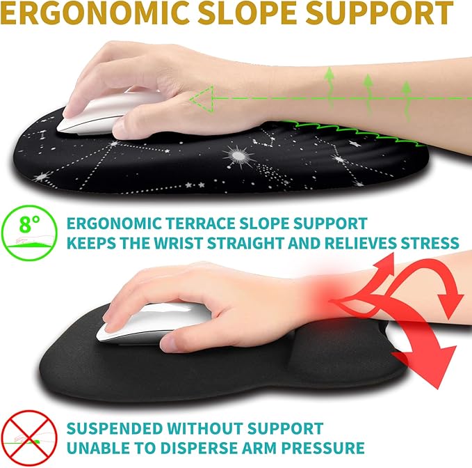 Hokafenle Ergonomic Mouse Pad Wrist Support with Stepped-Wedge Design, Wrist Rest Pain Relief Mousepad Filled with Memory Foam, Carpal Tunnel Mousepad for Wireless Mouse(12x8 inch, Galactic System)