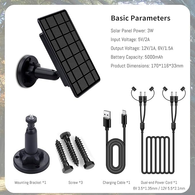 3W Trail Camera Solar Panel, with Build-in 5000mAh Rechargeable Lithium Battery Solar Battery Charger Kit for Hunting Game Cameras or Deer Feeder Accessory, 12V/1A 6V/2A IP65 Waterproof Solar Panel