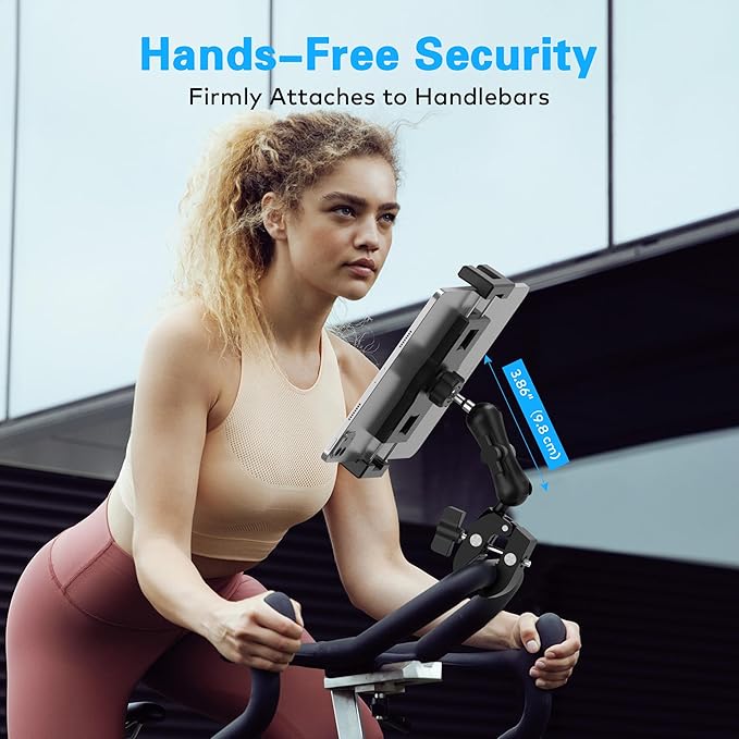 Treadmill Tablet iPad Holder, Aluminum Indoor Exercise Bike Handlebar Mount Clamp for Stationary Elliptical Bicycle Peloton Spin Bike Stroller, Compatible with 4.7"-12.9" Tablets/iPad/Phones