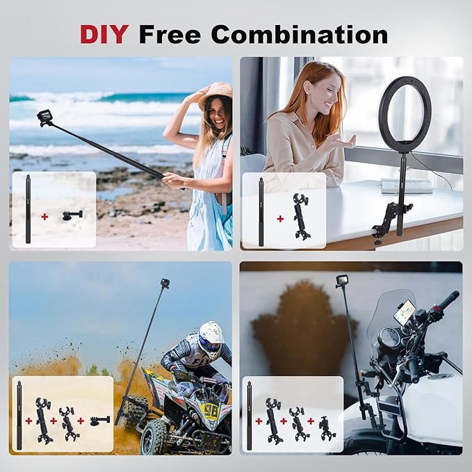 Motorcycle Ebike Mount kit for Insta360 X5, Bike & Golf Car Handlebar Clamp Mount and 59" Invisible Selfie Stick Bundle Kit, Super Clamp, Action Camera Adapter for GO2/3/3S/DJl, JC027
