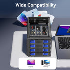 Hybrid 3*2.5/3.5" SATA HDD/SSD(2 HDDs Support 4 RAID Mode)+3* M / B+M Key M.2 NVMe Enclosure with Fan, USB A/C 3.2 Gen 2, Hard Drive Enclosure Support 90TB(3*22TB HDD+3*8TB 2230/42/60/80/110 SSDs)