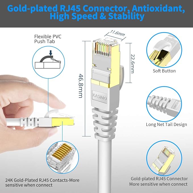 KASIMO CAT 8 Ethernet Cable SFTP Internet Network Patch Cord, Heavy Duty High Speed LAN Cables w Gold Plated RJ45 Connector Professional for Router, Modem, Gaming, Xbox (6 Feet, 5 Pack White)