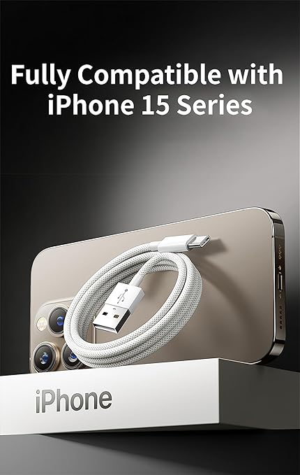 Woven USB-C Cable for Apple iPhone 16 Pro Max [MFi Certified] CarPlay USB A to USB C Wire USB to Type C Charger Cord Fast Charging for iPhone 16 Plus/15 Pro Max/15Pro/15Plus/iPad Pro M4 (5ft White)