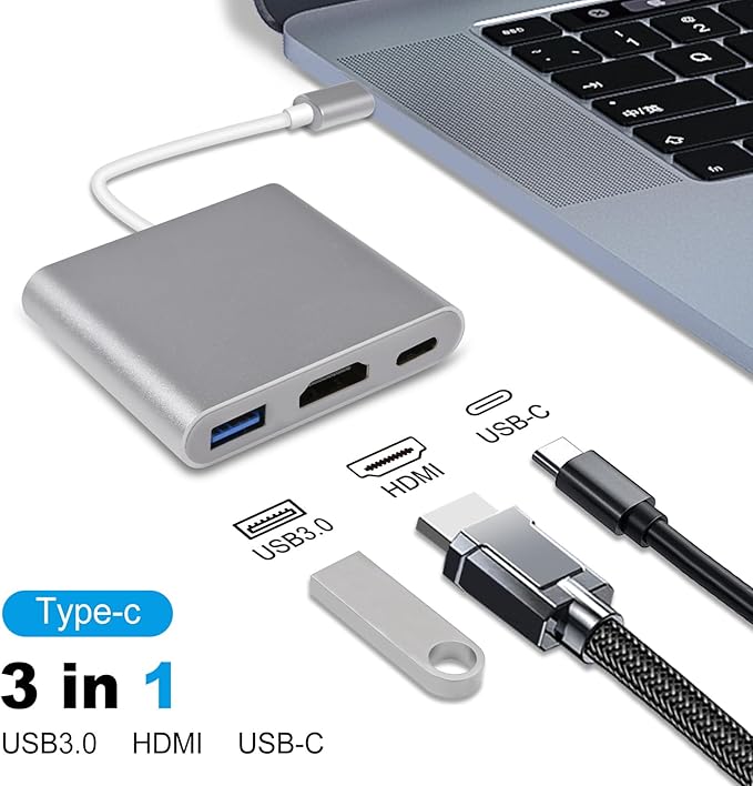 USB C to HDMI Adapter, Type C to 4K HDMI Multiport with 3 in 1 USBC Output, USB3.0 and USB C Charging, Digital AV Adapter for TV and Projector