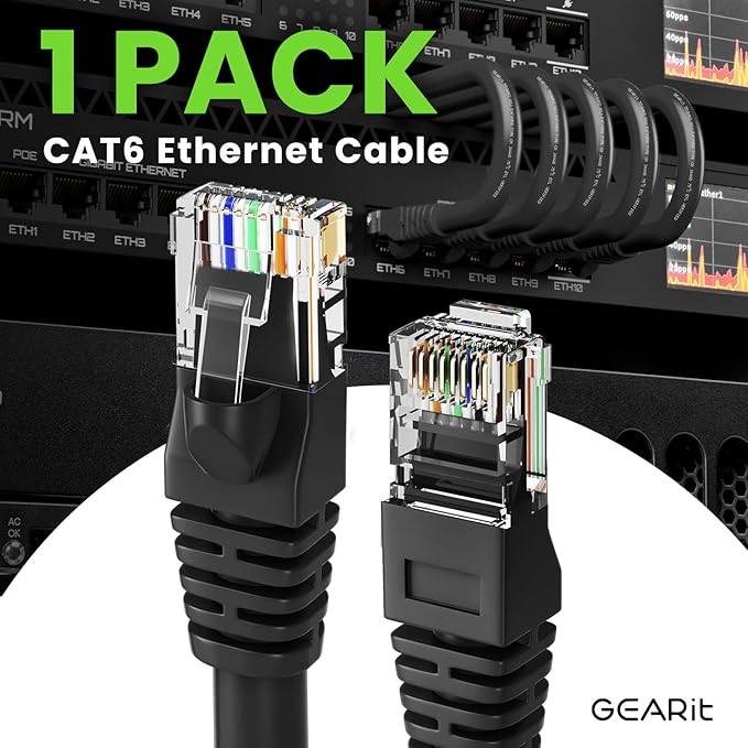 GEARit Cat 6 Ethernet Cable (1-Pack 7 Feet) Cat6 Network Patch, 10Gbps, RJ45, Snagless Cord, Gold-Plated Connectors, Internet for PC, TV, Tablet, Router, Printer, Servers, IT Data Center - Black