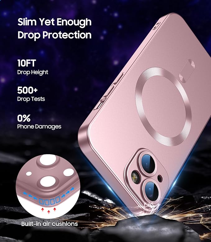 Magnetic for iPhone 15 Case [Compatible with MagSafe][Built-in Camera Lens Protector] Slim Soft Silicone Bumper Shockproof Metallic Shine Phone Case (Rose Gold)