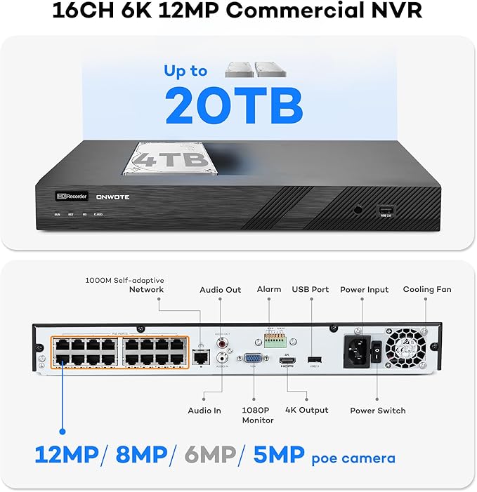 ONWOTE 16 Channel NVR PoE Security Camera System Wired, 12MP 4K 16CH Commercial NVR 4TB, Smart AI Color Night, 12x 6MP 122° Outdoor Audio IP Cameras, 12x Cables(Total 960ft), CCTV for Businesses Home