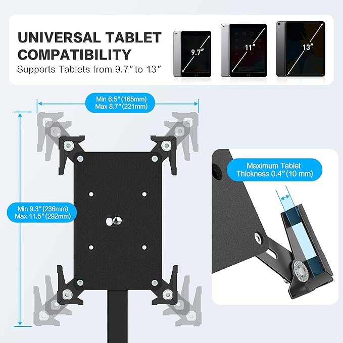 AboveTEK Security iPad Kiosk Floor Stand, Anti-Theft POS Tablet Stands for Retail Business, Height Adjustable Tablet Floor Stand, 360° Swivel Universal Locking Holder Fits 9.7"-13" iPads/iPad Pro/Air