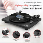 Record Player Wireless Output Turntable Carbon Fiber Tonearm Vinyl Player Aluminium Platter Belt-Drive LP Turn Tables 2 Speed RPM Phono RCA Line Output AT-3600L MM Cartridge Audio Sound Pure Black