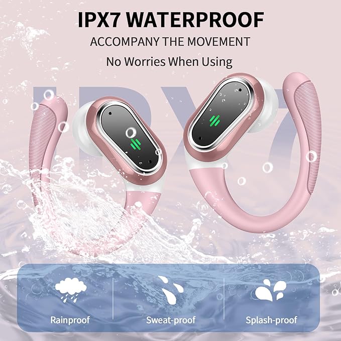 Wireless Earbuds, 2025 Bluetooth 5.4 Headphones Sport, Bluetooth Earbuds with ENC Noise Canceling Mic, 50H Stereo Wireless Headphones IP7 Waterproof with Earhooks, Dual LED Display for Workout/Running