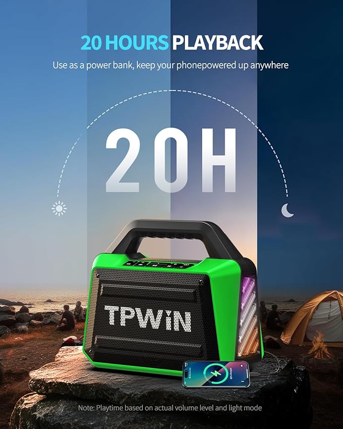 Portable Bluetooth Speaker Wireless - Loud Speakers 80W Peak, 20H Playtime, Light Show, TWS, Deep Bass, BT 5.3, IPX6 Waterproof for Outdoor Travel Camping Beach Pool - Green