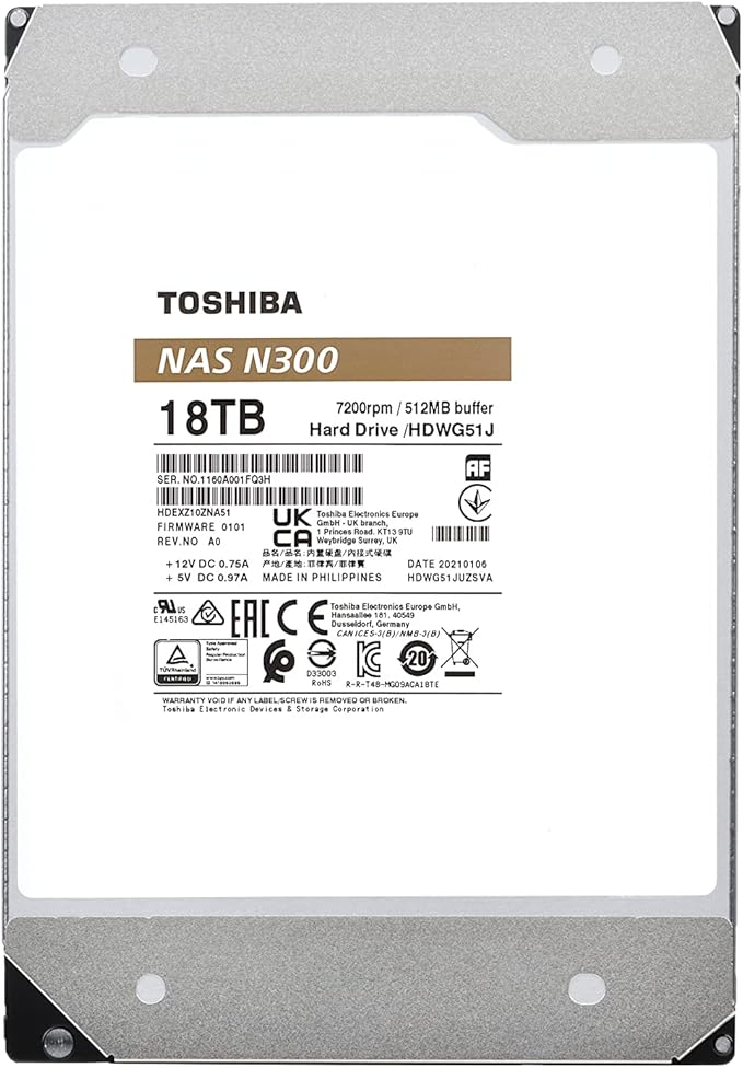 Toshiba N300 18TB NAS 3.5-Inch Internal Hard Drive - CMR SATA 6 Gb/s 7200 RPM 512 MB Cache - HDWG51JXZSTA