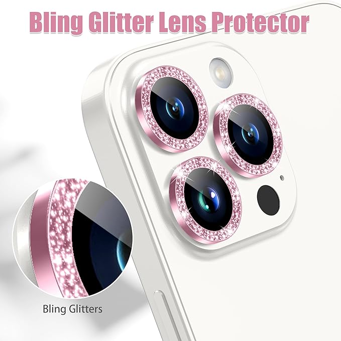 AGVEE 3+3 6 Pack for iPhone 15 Pro 6.1" / 15 Pro Max 6.7" Camera Lens Cover Protector, Bling Diamond & Bling Glitter Metal Ring 9H Tempered HD Glass Camera Cover Protector Film, Bling-Pink