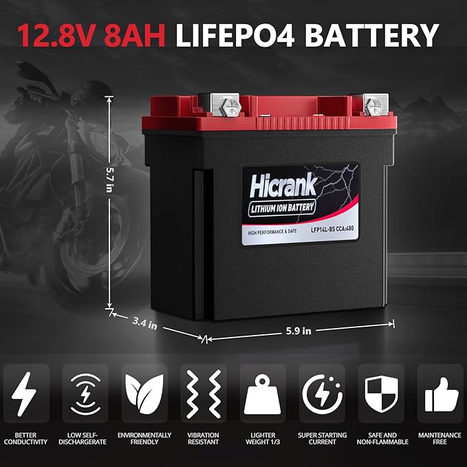 YTX14L-BS (GYZ16HL) Lithium 12V 8Ah 480CCA LiFePO4 Motorcycle Battery, Powersports Battery for Honda KTM Yamaha Harely, Fit ATV, UTV, Scooter, Motocross, 4 Wheeler, Quad, Riding Lawn Mower