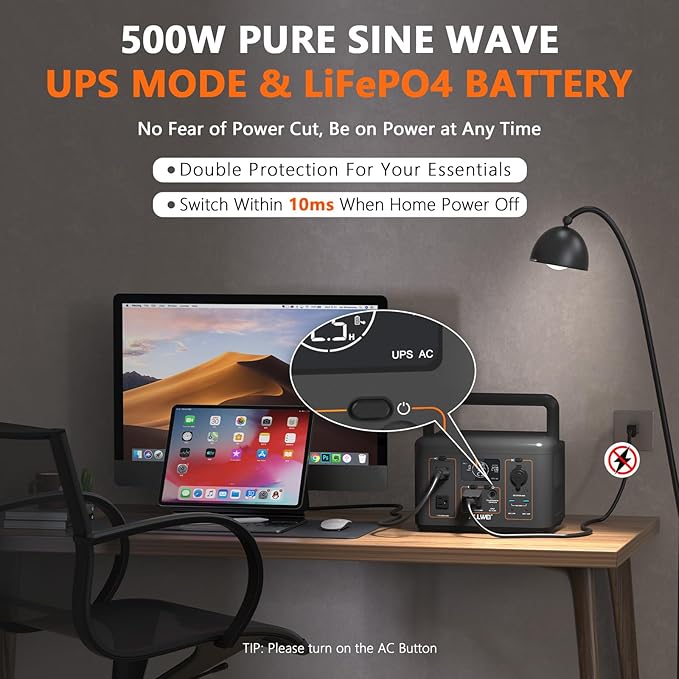 ALLWEI 512Wh Portable Power Station, 500W(Peak 1000W) LiFePO4 Battery, Solar Generator Fast Charge, UPS Mode, Pure Sine Wave 110V AC Outlets, Battery Generator for CPAP Outdoor RV Camping Power Outage