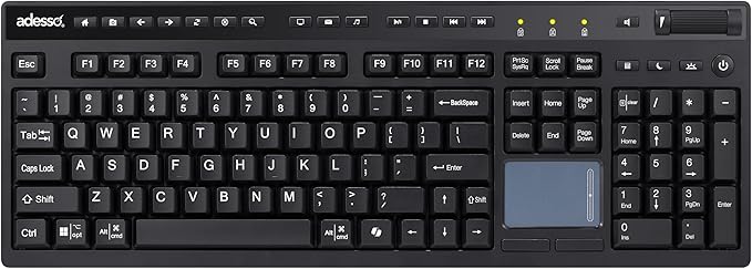ADESSO Wireless Keyboard with Touchpad 104 Key Full Size USB Dongle Receiver Multi OS Support Works with MacOs System & Multimedia Hotkeys Volume Control with Scroll Wheel WKB-4450UB