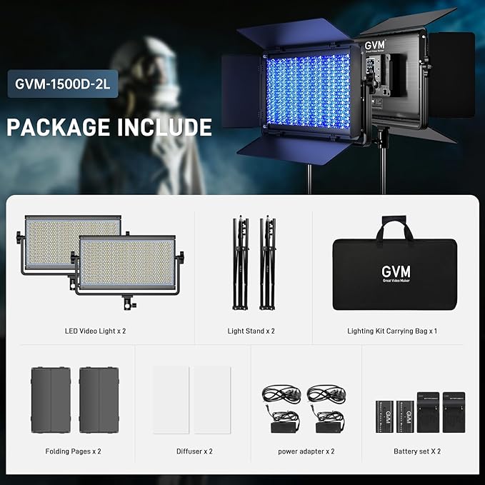 GVM 1500D RGB LED Video Light with Battery, 75W Video Lighting Kit with Bluetooth Control, 2 Packs Led Panel Light for Photography, YouTube Studio, Video Shooting, Conference,1128 Led Beads