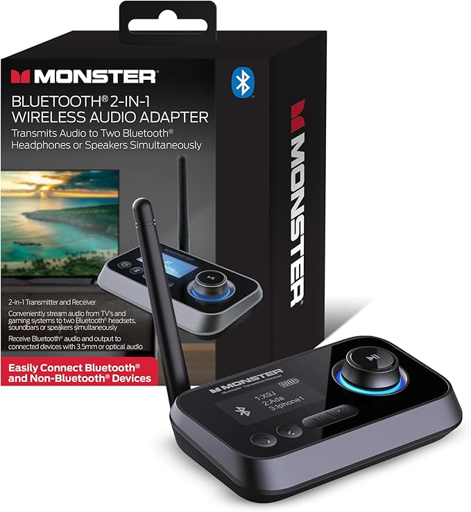 Monster Bluetooth Transmitter & Receiver, 2-in-1 Bluetooth Audio Adapter, Stream to/from NonBluetooth Devices, Stream TV to 2 Headphones, 33 ft Range, Analog & Digital, TV USB Powered, 3.5mm Aux Port