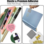 Pen Loop Holder for Notebook 12 Pack Self-Adhesive Stick On Pen Holder with Extra 2 Pens Clips 1 Leather Bookmarks As COMBO for Planner Journal Tablet Clipboards Calendars Bible Campus School Office