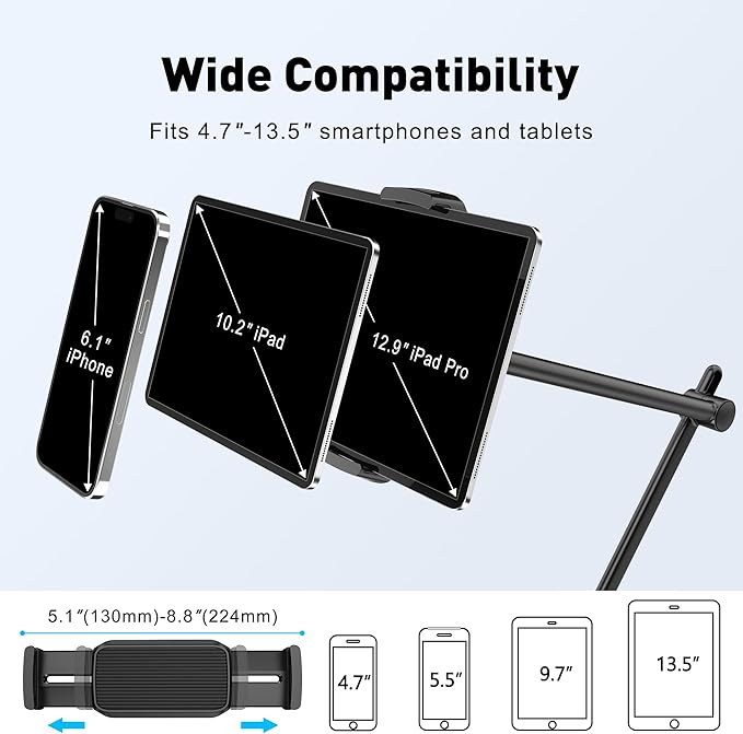 AboveTEK Tablet Stand Holder, Aluminum iPad Holder for Desk & Bed, Adjustable Arm Clamp Mount with 360° Rotation, Overhead Compatible with 4.7"-13.5" iPad Pro/Air/Mini, iPhone, Galaxy Tab- Black