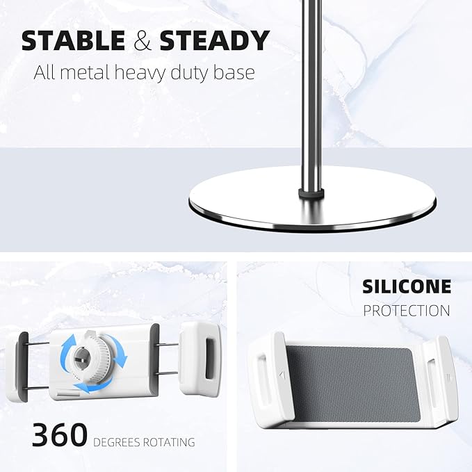 OATSBASF Heavy-Duty Tablet Floor Stand - 66.1" Height-Adjustable, Overhead Bed Phone/Tablet Holder, Fits 4.7-12.9" iPad Pro/Air/Mini, Kindle & Cell Phones