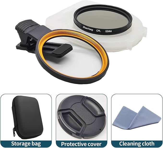 52mm Clip-on CPL Phone Camera Lens Filter, Polarized Camera Lens CPL Filter for iPhone 16 15 Pro Max Plus 14 13 Pro Max Mini 12 11 X XS Max Galaxy