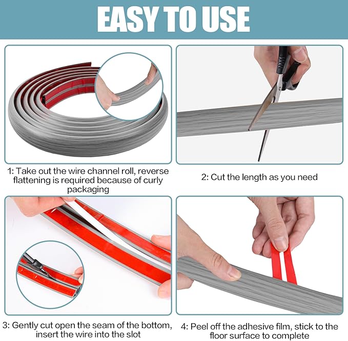 Floor Cord Cover Self Adhesive Cord Hider,3.3FT Cable Management, Extension Strip Protector for Wires, Prevent Cable Trips for Offices, Gyms, Exhibitions Cavity:0.39"(W) x 0.27"(H) Gray Wood
